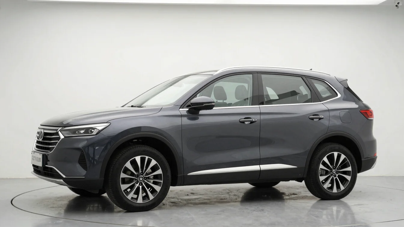 Three-quarter exterior shot of a pre-owned SUV on a clean showroom floor, soft studio lighting.