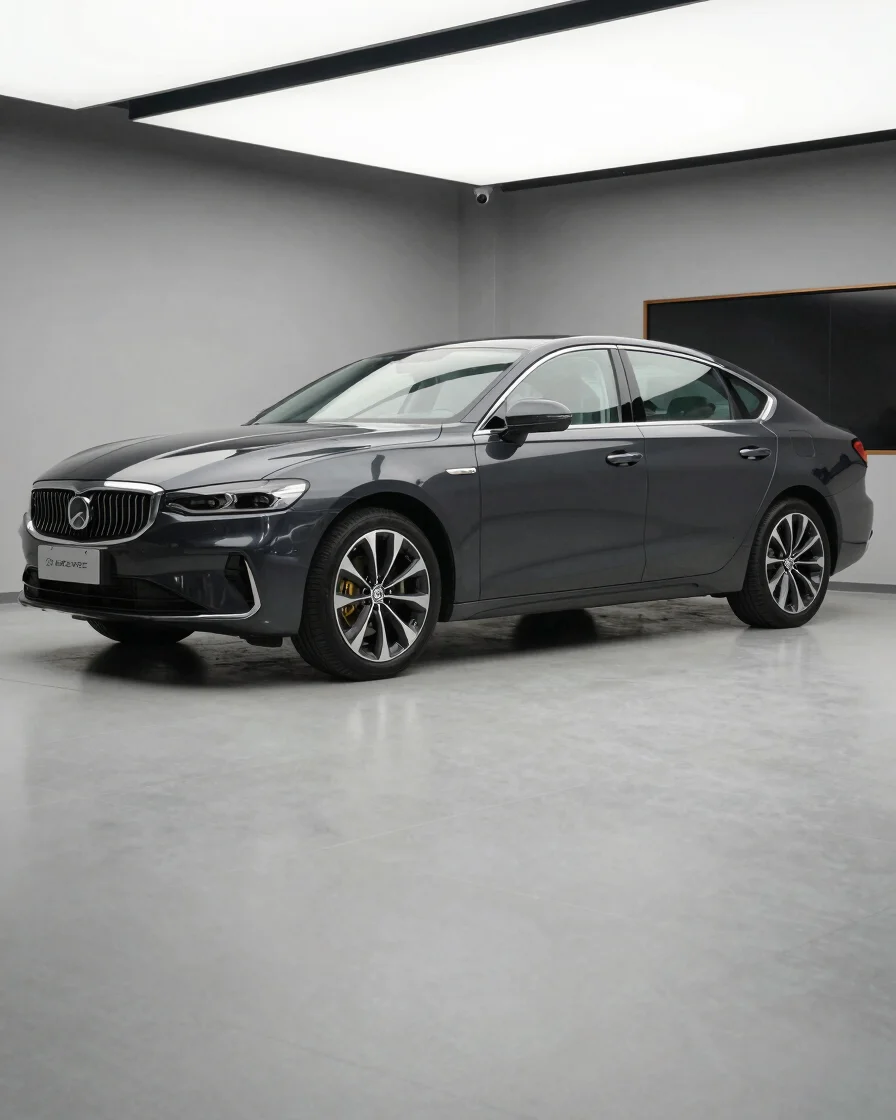 Three-quarter exterior shot of a sleek, dark grey pre-owned sedan, parked on a clean modern showroom floor under soft st